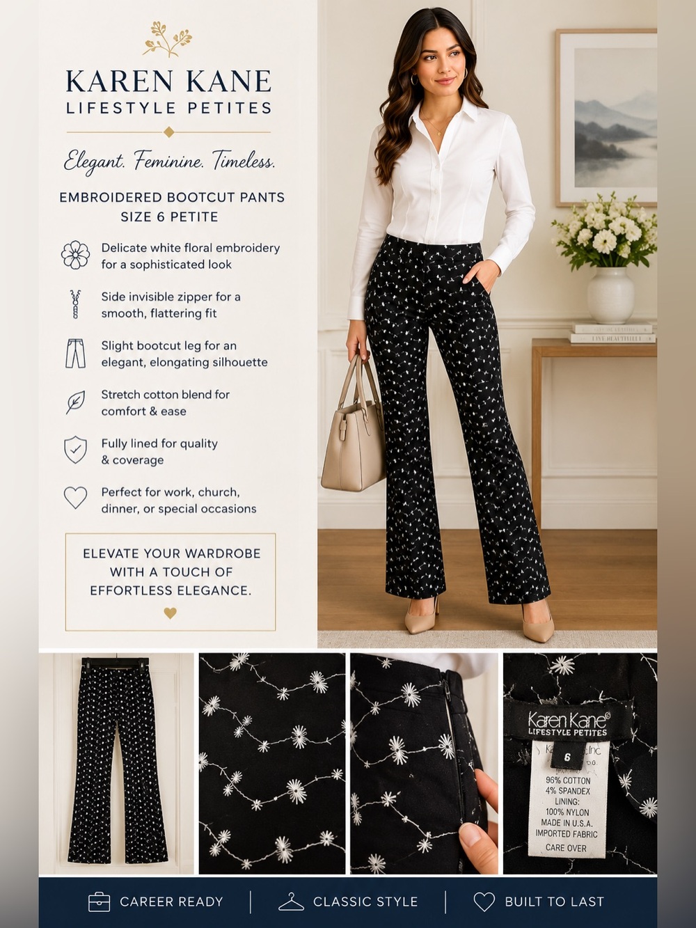 Karen Kane Petite Embroidered Bootcut Pants | Size 6 | Black Stretch Dress Pants